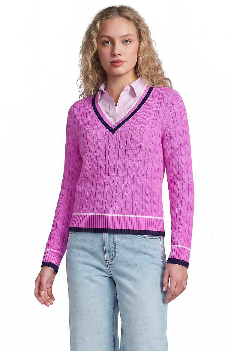 Drifter Cable V-neck Sweater, Alternate, color, Aster Pink Tipping