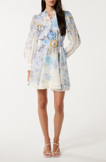 Ever New Vienna Lace Trim Belted Long Sleeve Shirtdress In Blue Warrantina