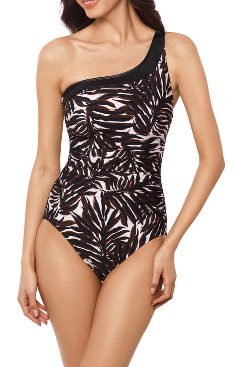 Ventana Lita Leaf Print One-Shoulder One-Piece Swimsuit