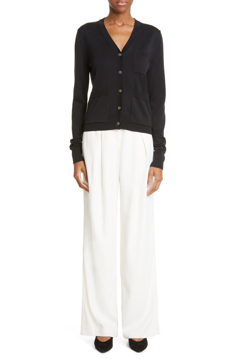 Patch Pocket V-Neck Silk Cardigan, Alternate, color, 001 BLACK