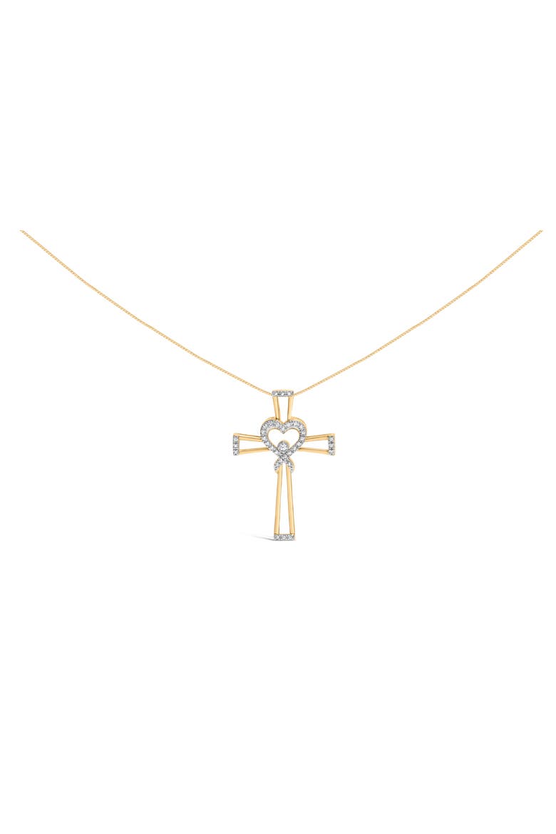 14K Yellow Gold Plated Silver 1/6 Cttw Diamond Heart and Ribbon Cross Pendant, Main, color, Yellow