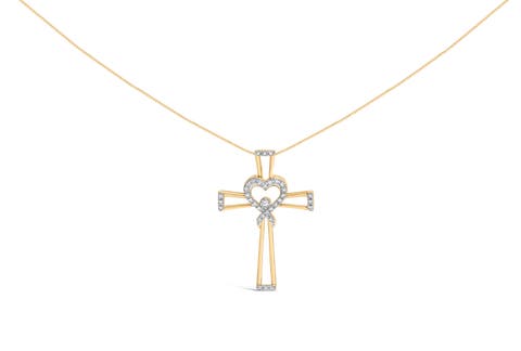 14K Yellow Gold Plated Silver 1/6 Cttw Diamond Heart and Ribbon Cross Pendant
