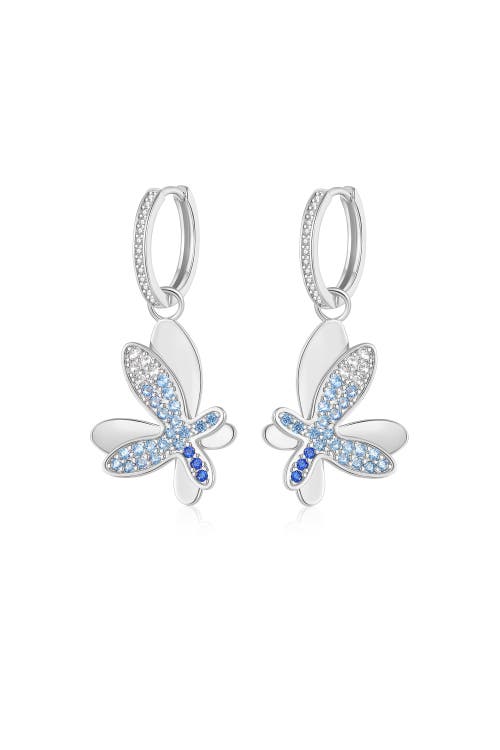 Classicharms Women's Blue / Silver Silver Gradient Blue Pavé Diamond Butterfly Dangle Drop Hoop Earrings In Metallic