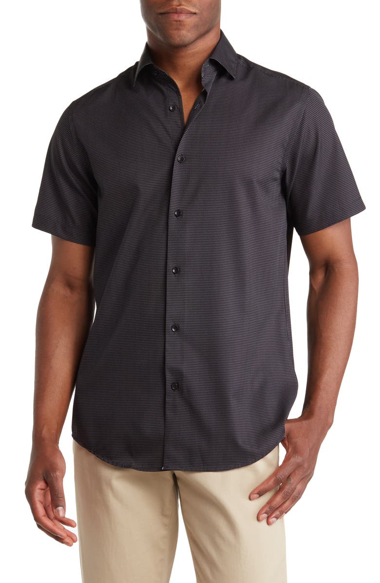 TOM BAINE Slim Fit Performance Short Sleeve Button-Up Shirt, Main, color, Black