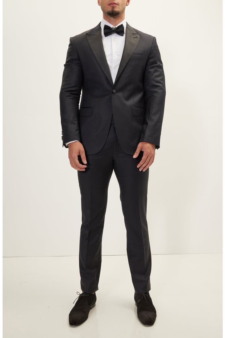 Trim Fit Peak Lapel Wool & Silk Tuxedo, Alternate, color, BLACK