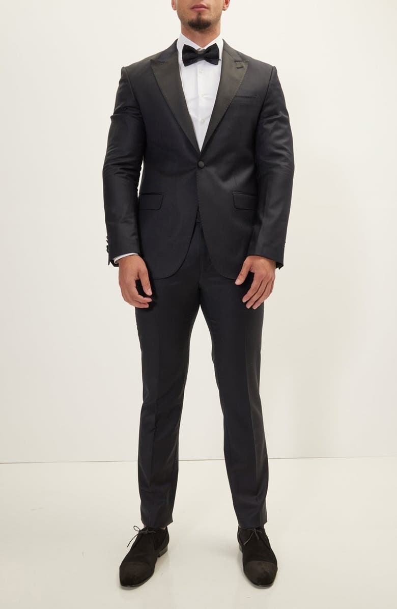 RON TOMSON Trim Fit Peak Lapel Wool & Silk Tuxedo, Alternate, color, Black