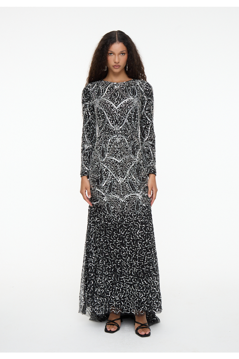 Modest Embellished Sequin Beaded Dress Maxi With Fit Bodice and Trail, Main, color, BLACK