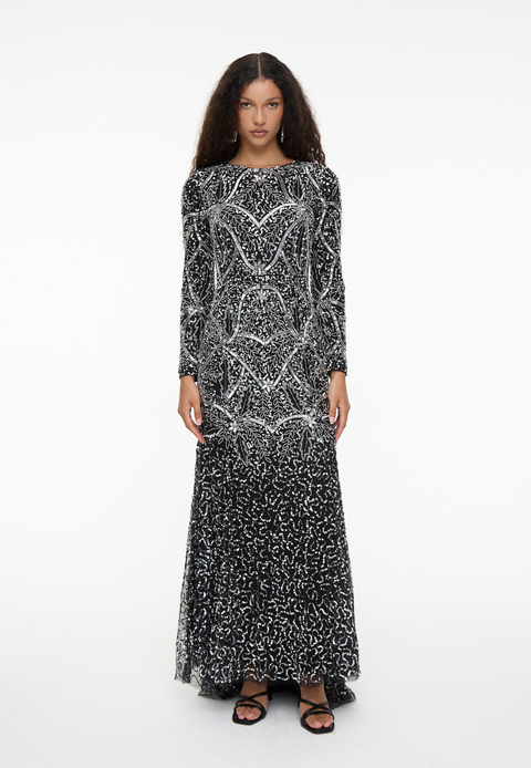 Modest Embellished Sequin Beaded Dress Maxi With Fit Bodice and Trail