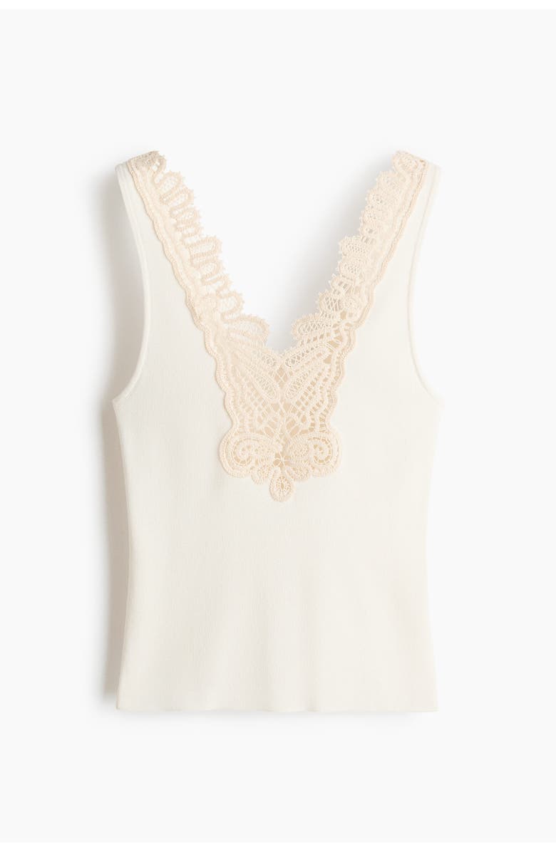 H&M Lace-trimmed Fine-knit Top, Main, color, White/Cream