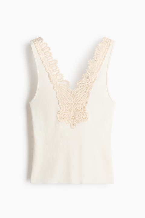 Lace-trimmed Fine-knit Top