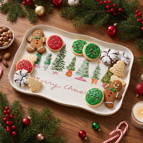 Stoneware Scalloped Platter with Trees and Electroplating "Merry Christmas"