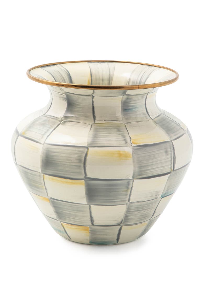 Sterling Check Large Enameled Steel Vase, Main, color, GREY/ WHITE