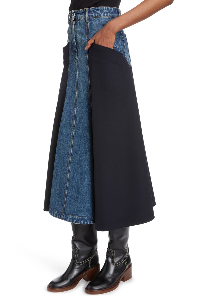 Mixed Media Denim & Virgin Wool Midi Skirt, Alternate, color, INK NAVY