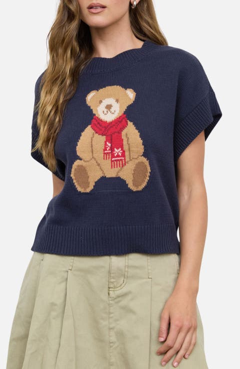 Teddy Bear Jacquard Short Sleeve Sweater
