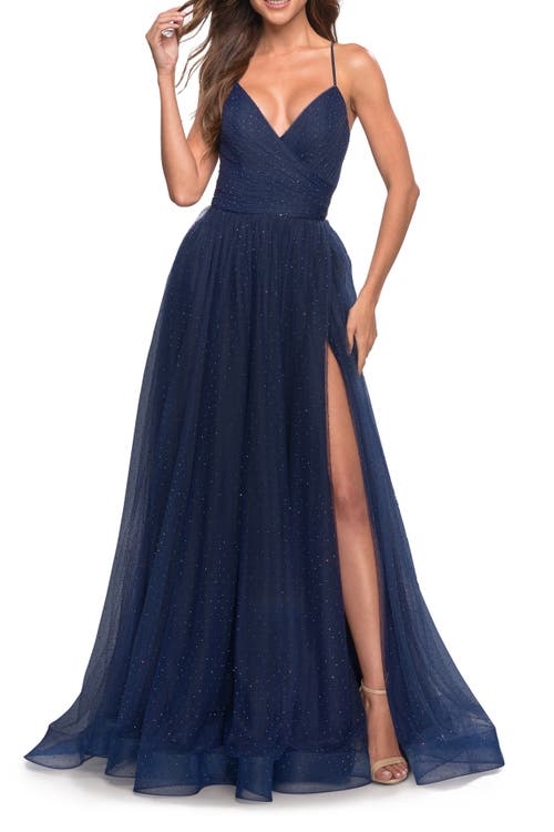 La Femme Rhinestone Tulle Ballgown With Slit And Lace Up Back In Navy