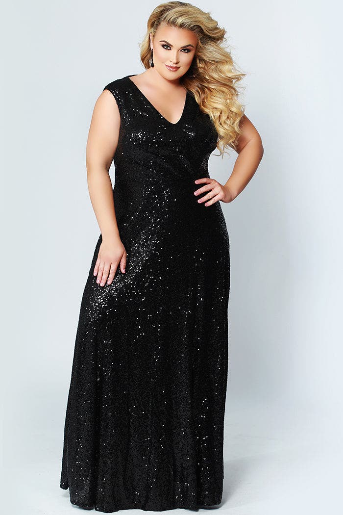 Celebrations by Sydney's Closet V-Neck Plus Size Sleeveless Sequin Maxi Dress in Black 