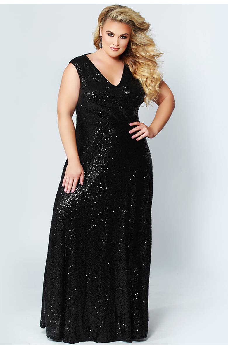 Celebrations by Sydney's Closet V-Neck Plus Size Sleeveless Sequin Maxi Dress, Main, color, Black