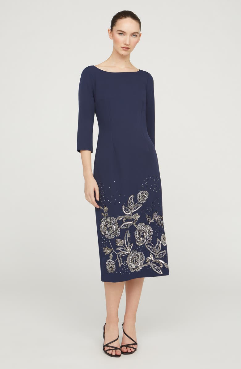 JS Collections Delilah Floral Beaded Cocktail Midi Dress, Alternate, color, Navy