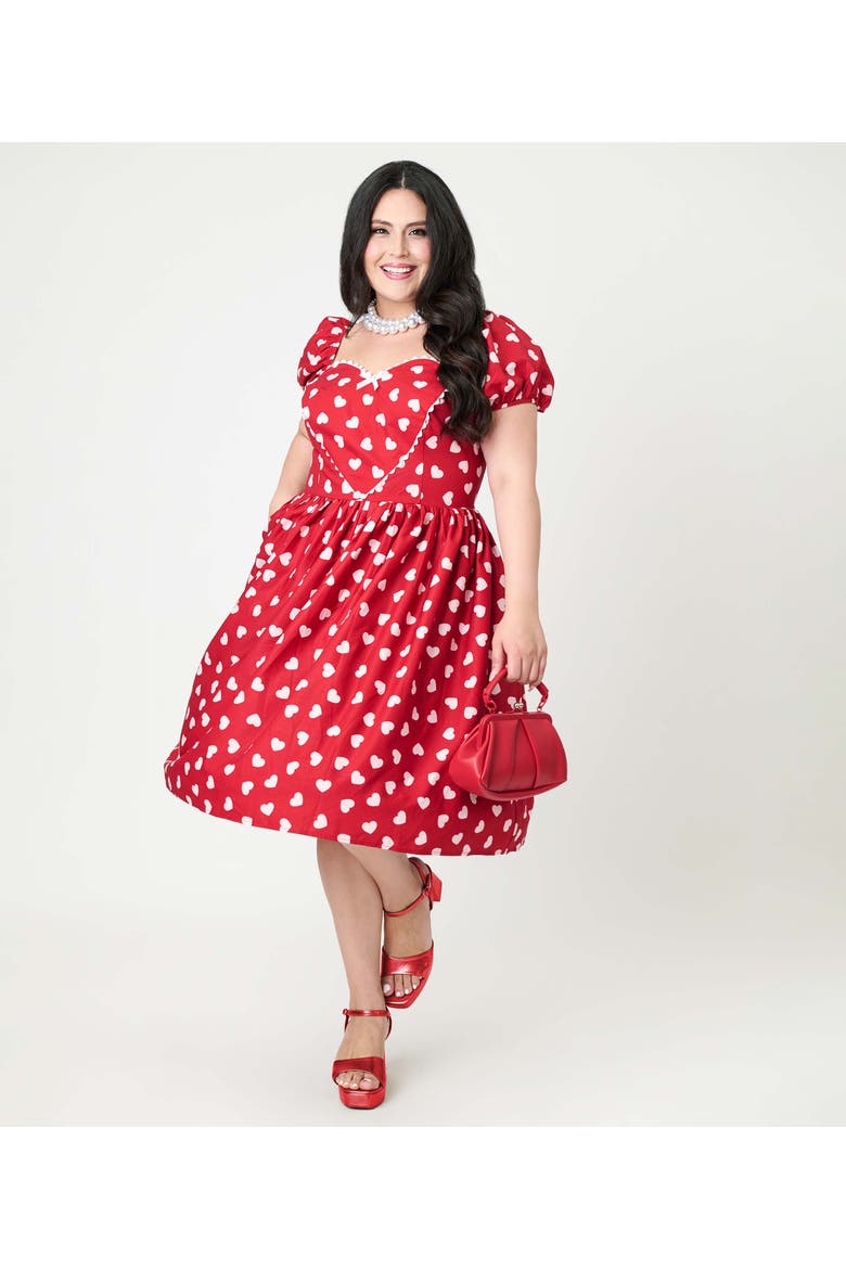 Plus Size Puff Sleeve Sweetheart Fit & Flare Dress, Alternate, color, Red W/ White Heart Print