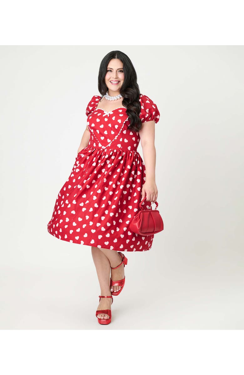 Unique Vintage Plus Size Puff Sleeve Sweetheart Fit & Flare Dress, Alternate, color, Red W/ White Heart Print