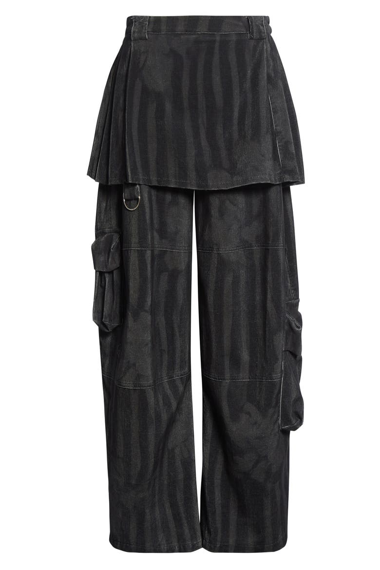 Lawn Plaid Skirt Overlay Cargo Pants, Alternate, color, BLACK WAVY FLOWER STRIPE