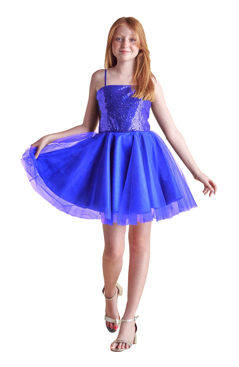 Un Deux Trois Sequin and Tulle Party Dress, Main, color, Cobalt Blue