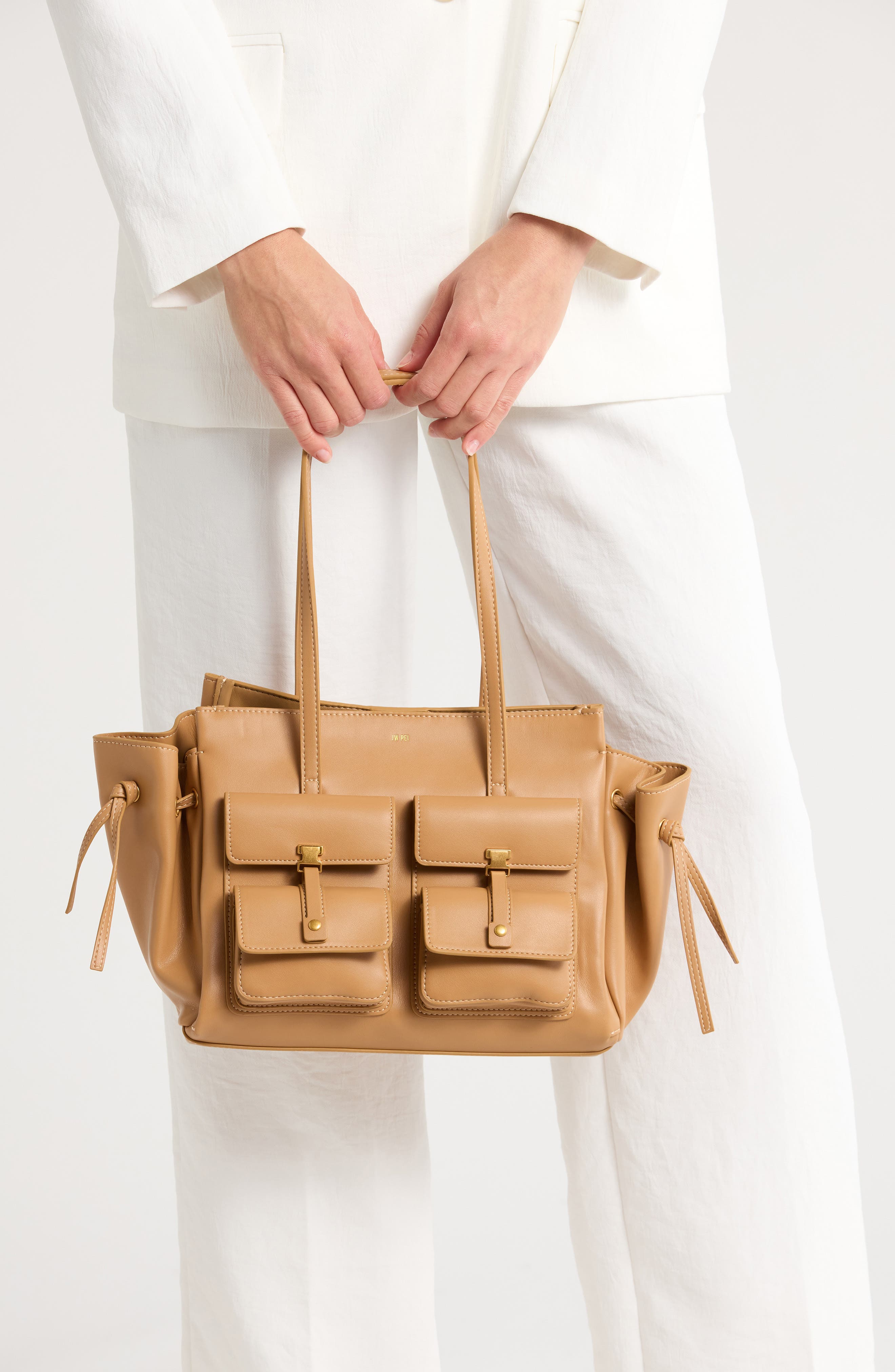 Linda Small Faux Leather Tote, Alternate, color, LATTE