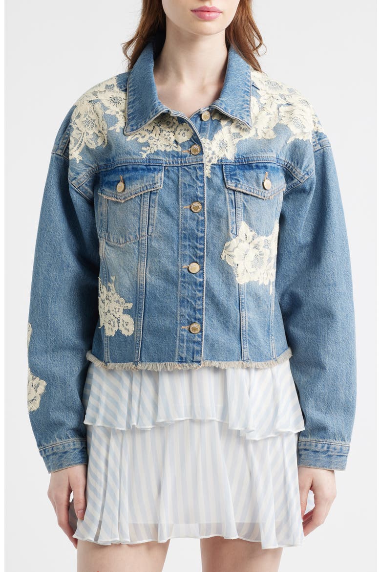 Amana Lace Patch Denim Jacket, Alternate, color, FADED BLUE