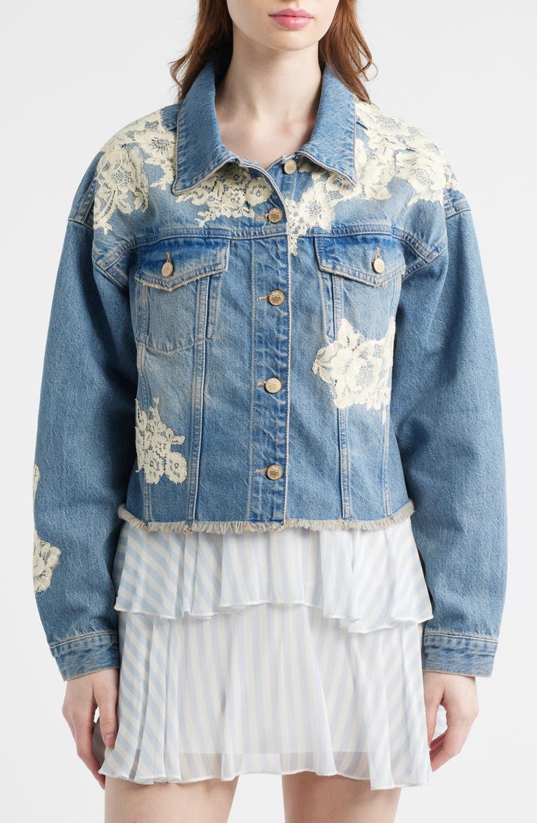 LoveShackFancy Amana Lace Patch Denim Jacket, Alternate, color, Faded Blue