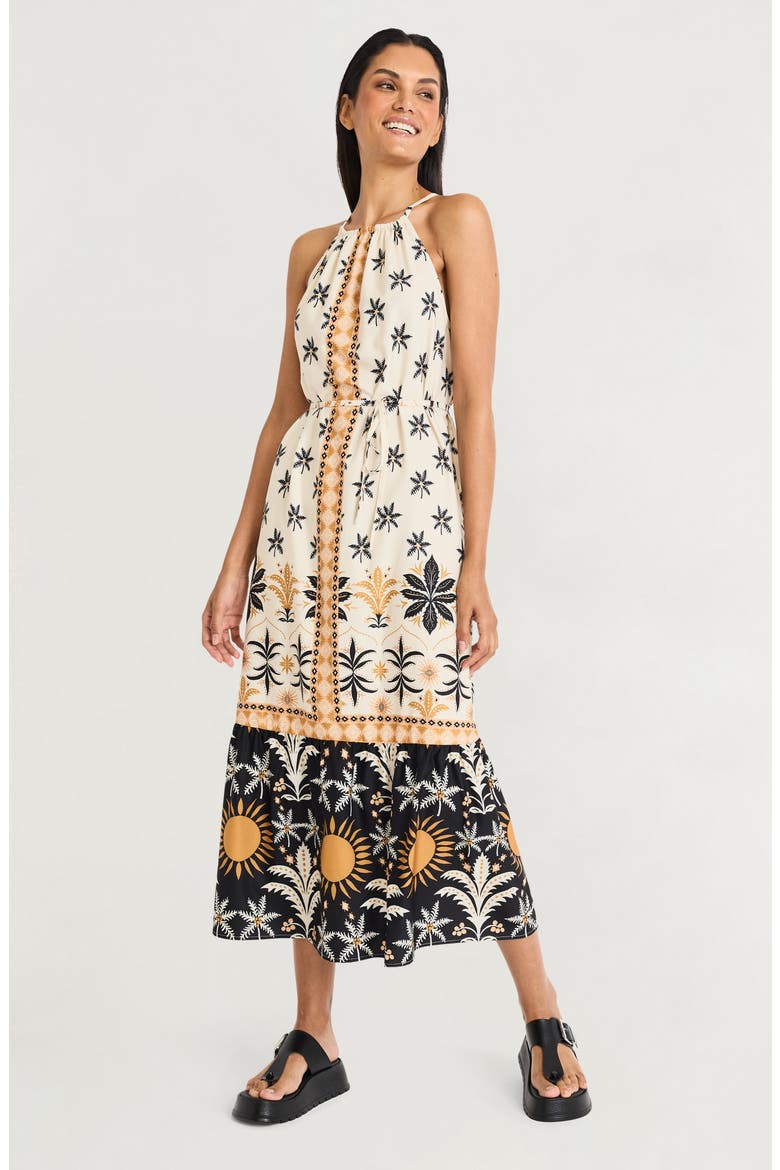 Printed Maxi Halter Dress, Alternate, color, IVORY/ GOLD FLAME