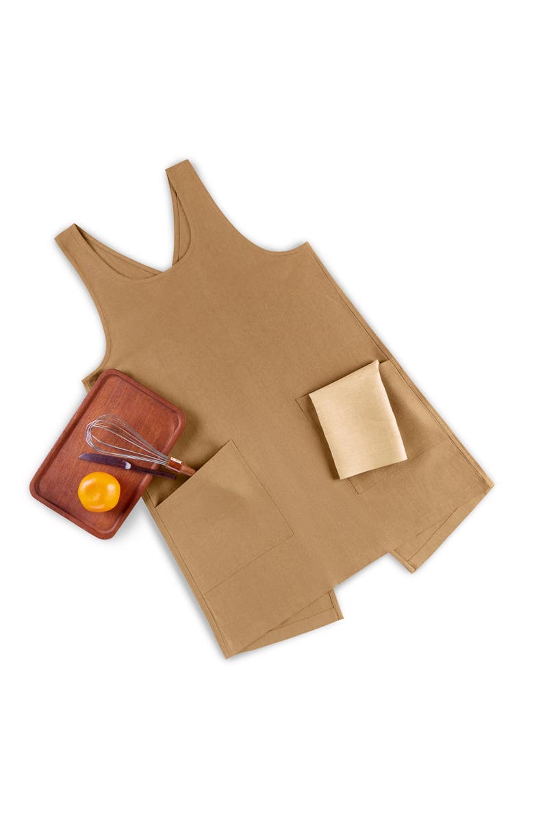 Solino Home Linen Apron 35 x 45 in for Dining Table, Holiday and Everyday Table Decor - Linen Smock Apron, Alternate, color, Tobacco Brown