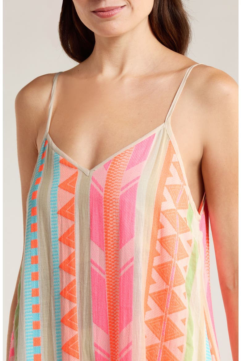 Embroidered Tiered Cotton Blend Cover-Up Maxi Dress, Alternate, color, NEON AZTEC