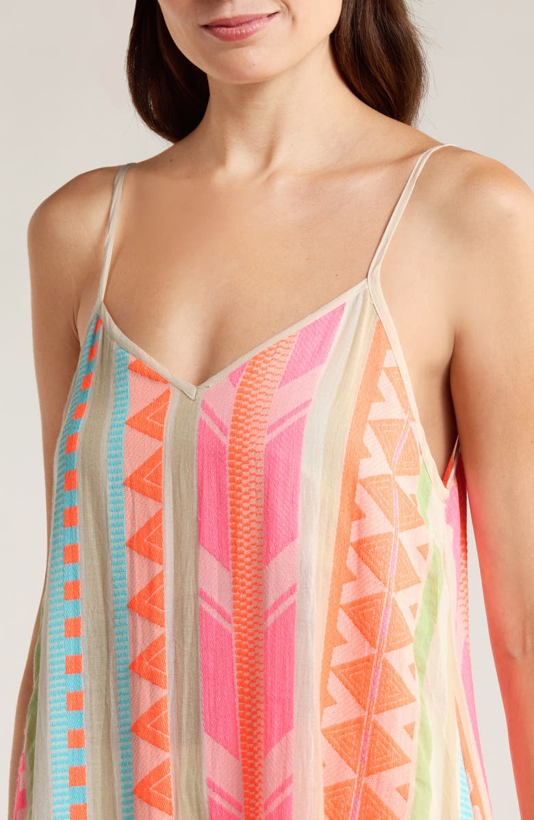 Elan Embroidered Tiered Cotton Blend Cover-Up Maxi Dress, Alternate, color, Neon Aztec