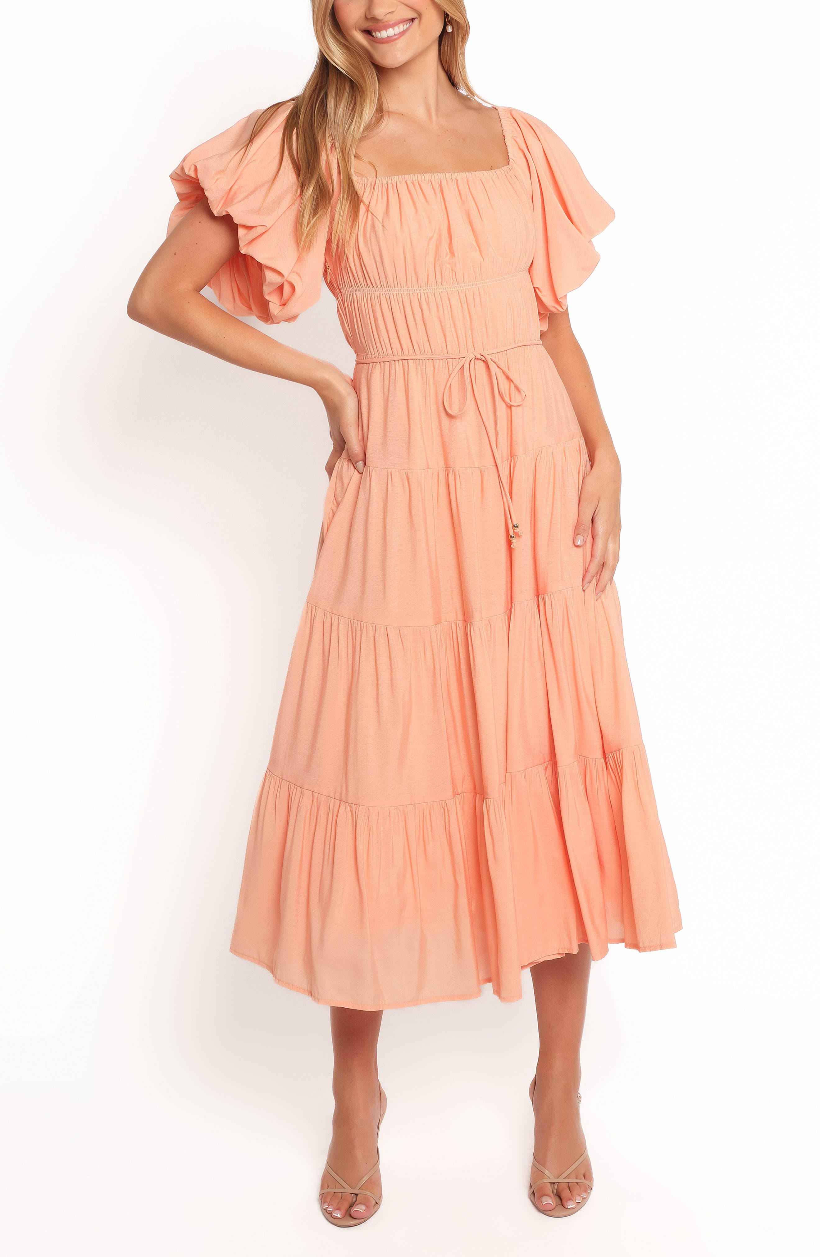 Petal & Pup Julie Flutter Sleeve Tiered Midi Dress