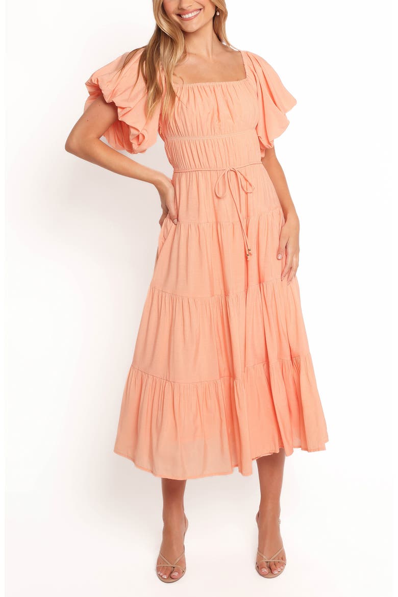 Julie Flutter Sleeve Tiered Midi Dress, Main, color, PEACH