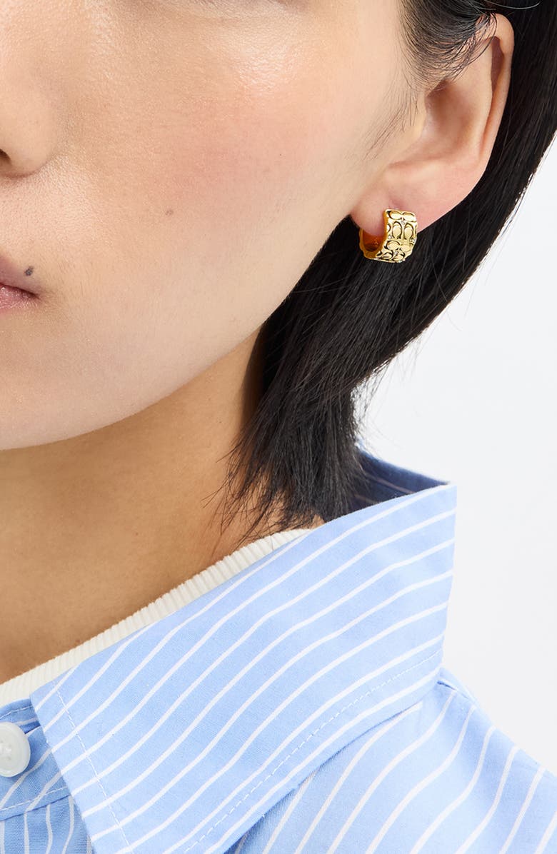 COACH Logo Embossed Huggie Hoop Earrings, Alternate, color, Golden Shadow/ Gold