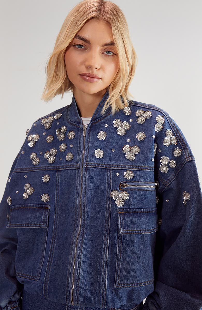 NASTY GAL Embellished Flower Appliqué Oversize Denim Bomber Jacket, Alternate, color, 
