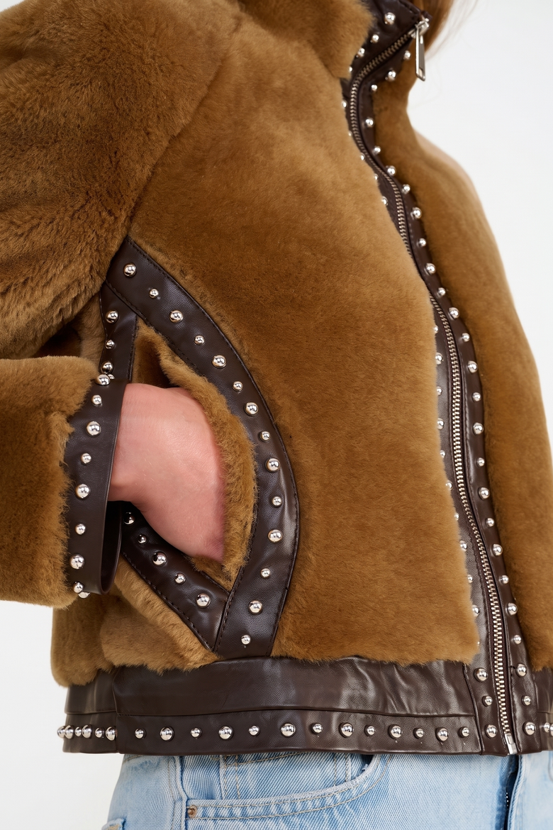 Harper Shearling Studded Jacket, Alternate, color, Brown
