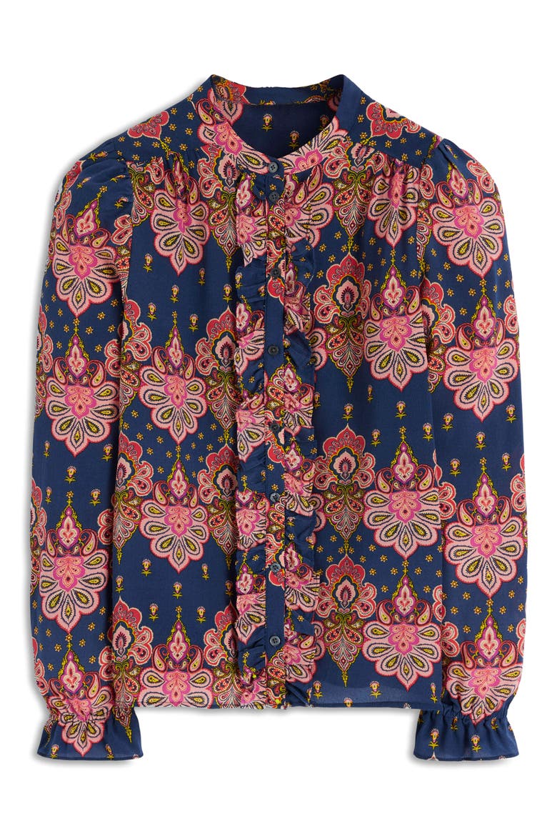 Alice Paisley Ruffle Silk Button-Up Shirt, Alternate, color, NAVY EMBELLISHED PAISLEY