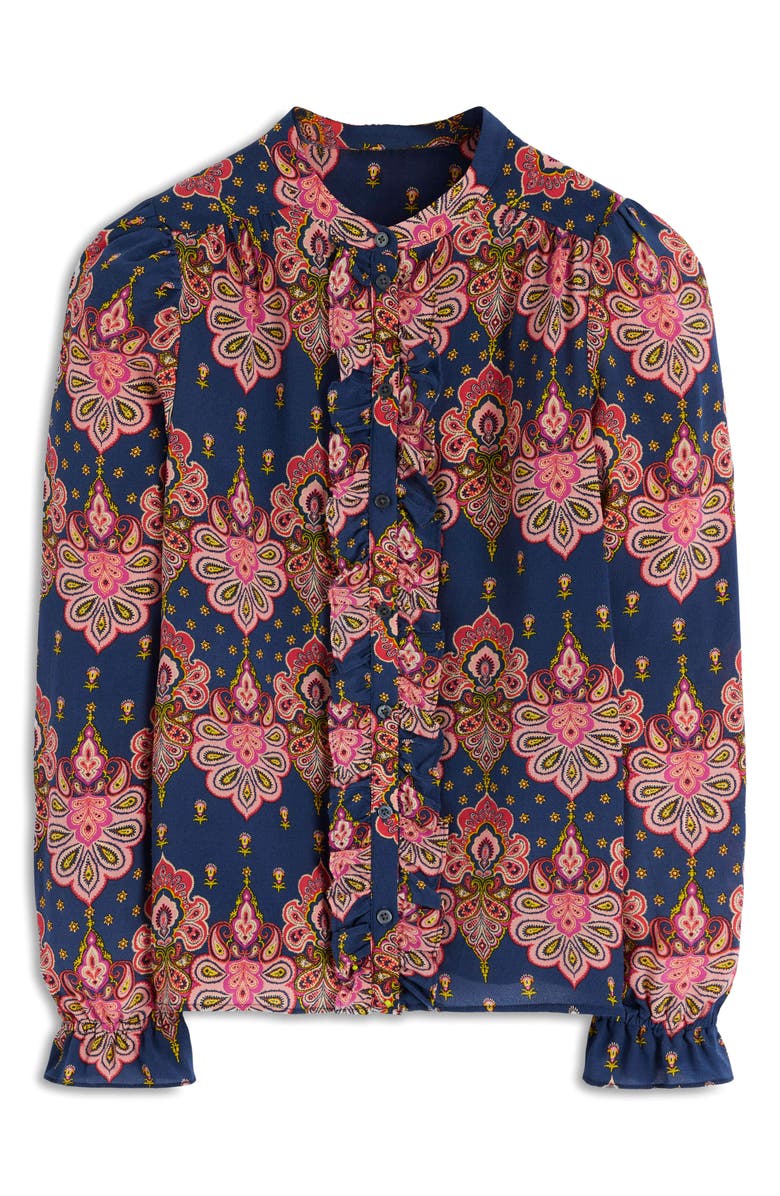 Boden Alice Paisley Ruffle Silk Button-Up Shirt, Alternate, color, Navy Embellished Paisley