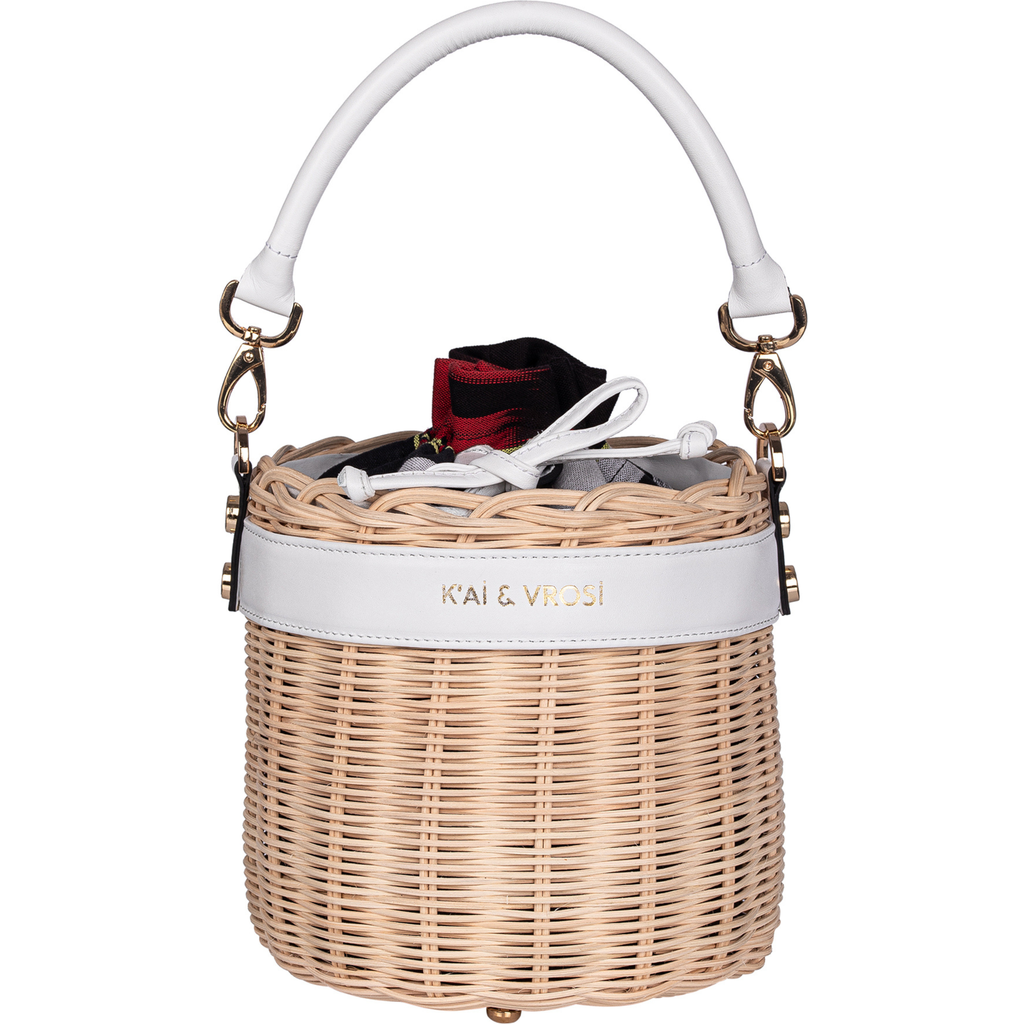 Kai & Vrosi K'ai & Vrosi Leather & Straw Bucket Bag With Drawstring In White
