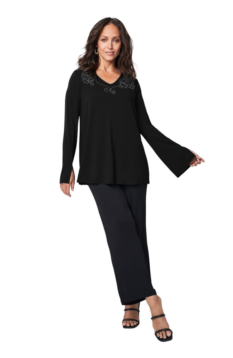 Jessica London V-Neck Embellished Tunic, Main, color, Black Floral Studs