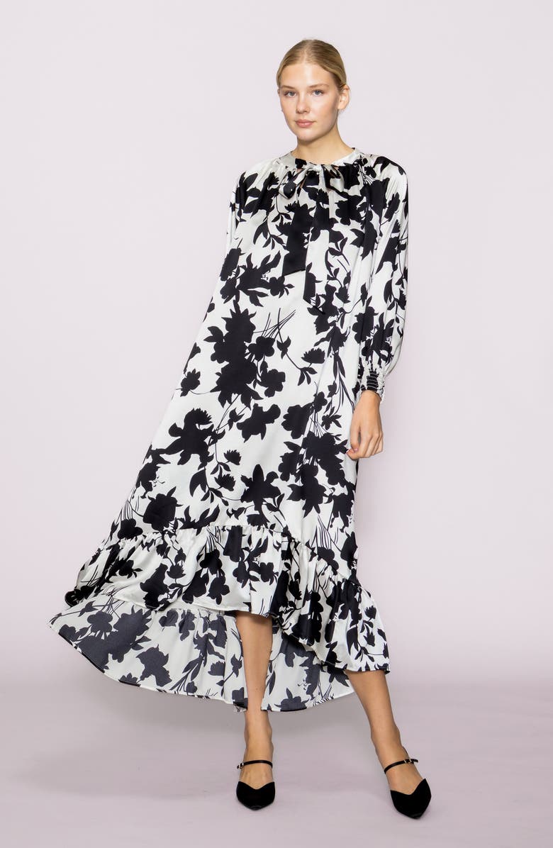 MELLODAY Tie Neck Long Sleeve High-Low Dress, Alternate, color, Ivory Black