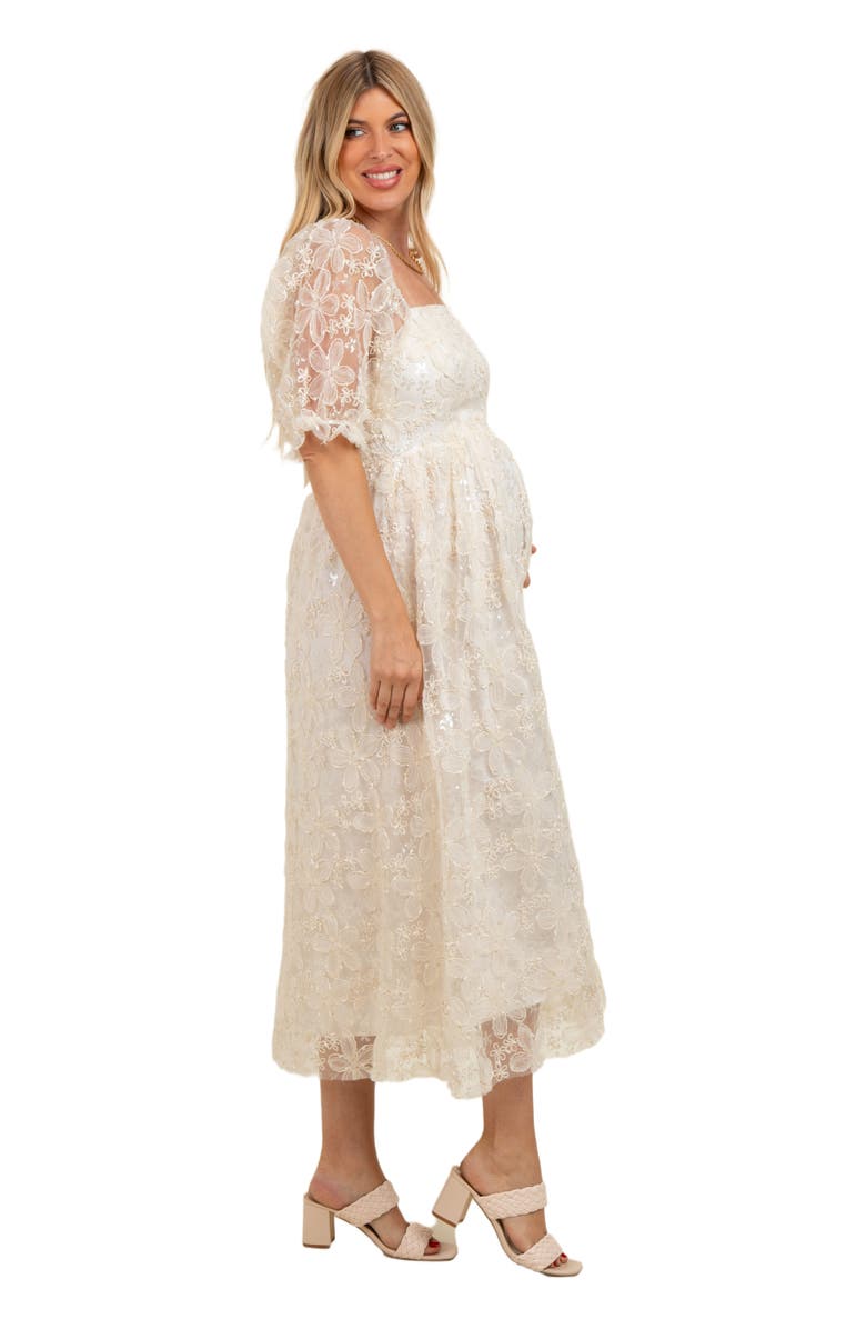 PinkBlush Floral Mesh Overlay Tie Back Midi Dress, Alternate, color, Cream