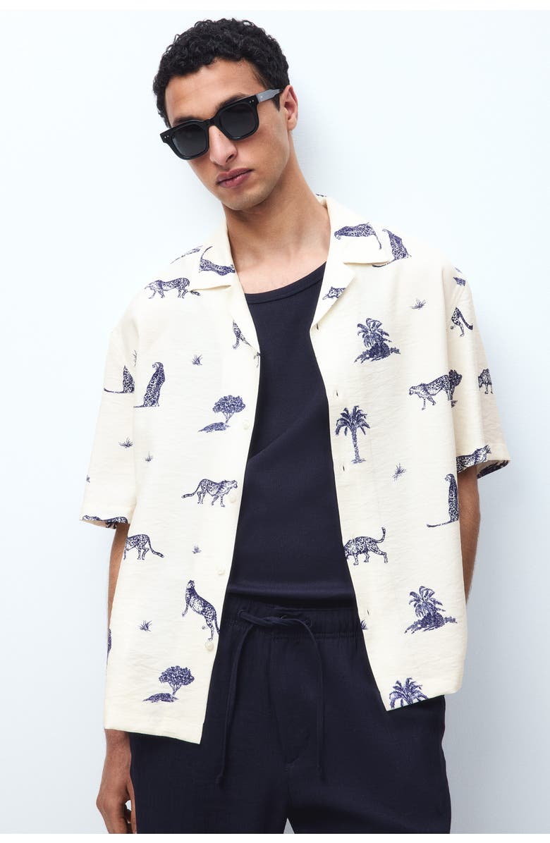 H&M Relaxed Fit Printed Resort Shirt, Alternate, color, Light Beige/Patterned