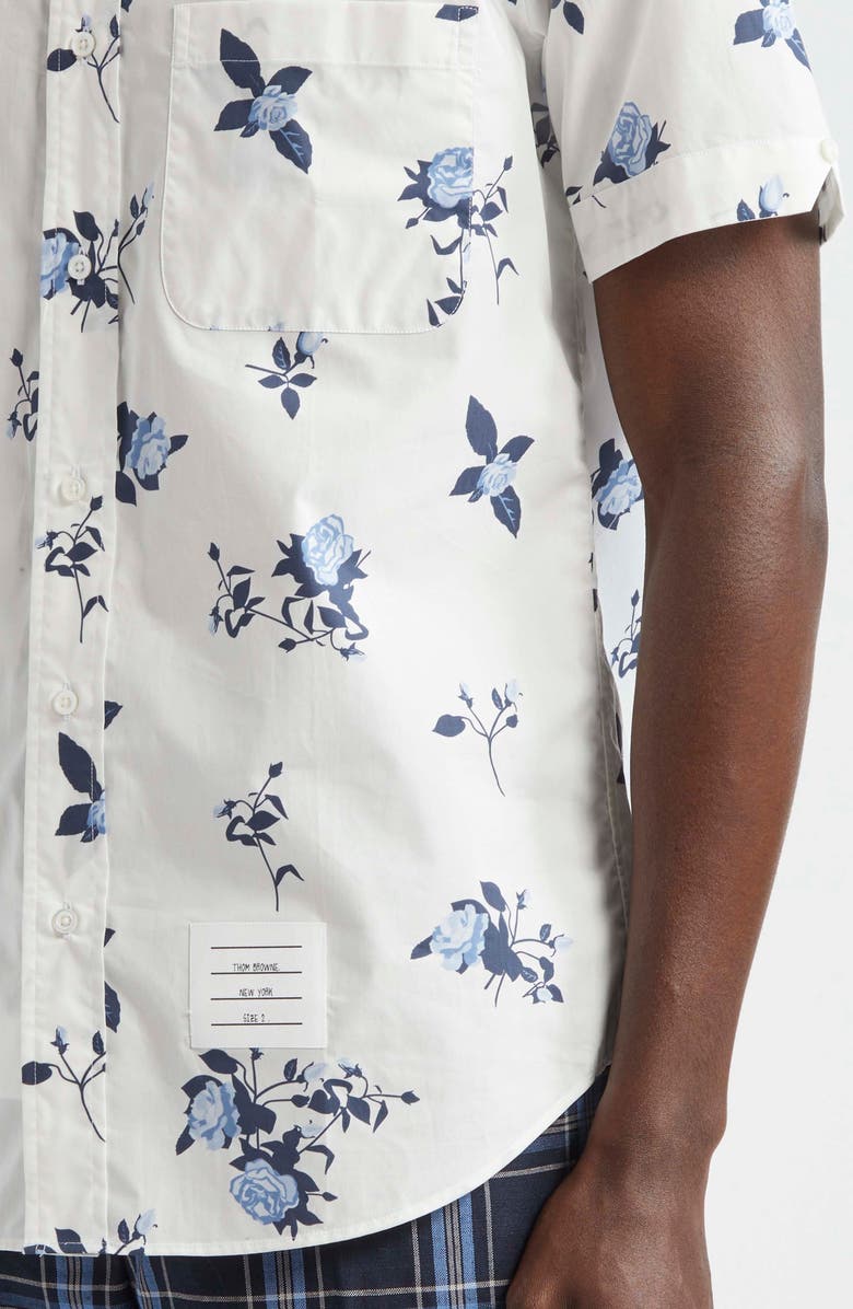 Thom Browne Straight Fit Floral Short Sleeve Cotton Poplin Button-Down Shirt, Alternate, color, 