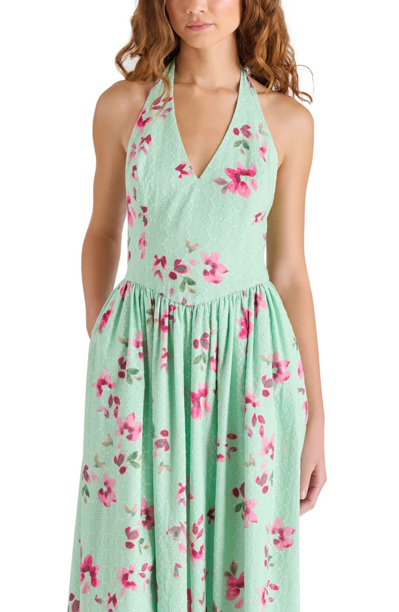 Steve Madden Ressi Floral Cotton Eyelet Halter Dress, Alternate, color, Mint