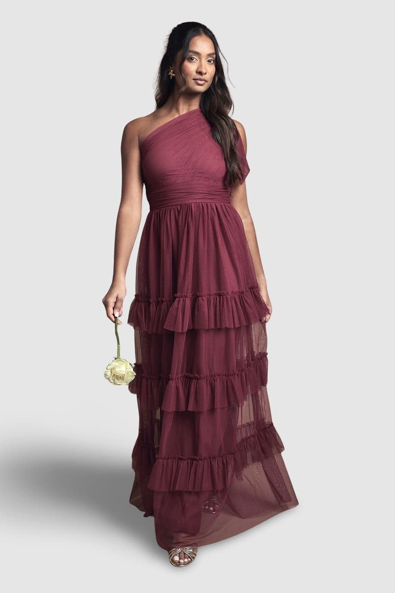Pleated One Shoulder Tiered Maxi Dress, Main, color, Berry