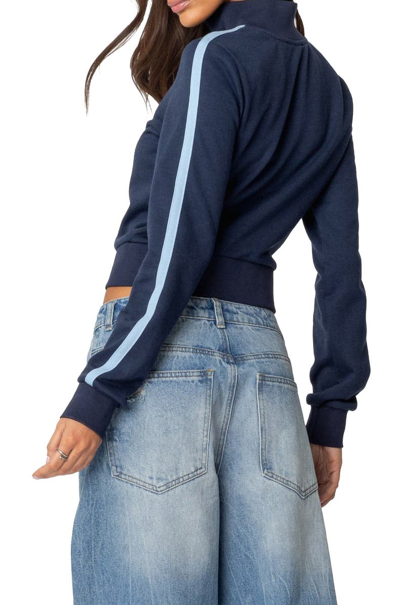 EDIKTED England Mock Neck Zip Crop Sweatshirt, Alternate, color, Navy