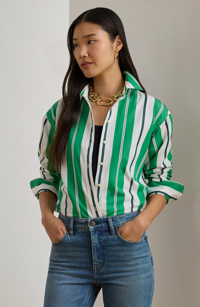 Lauren Ralph Lauren Kotta Stripe Yarn Dyed Broadcloth Button-Up Shirt, Alternate, color, Green